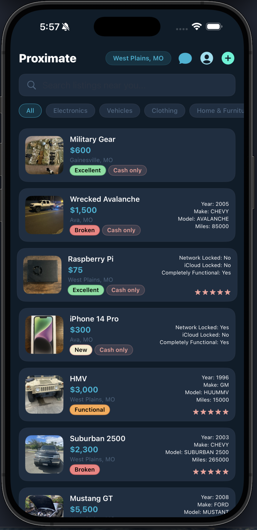 Browse Nearby Listings screen