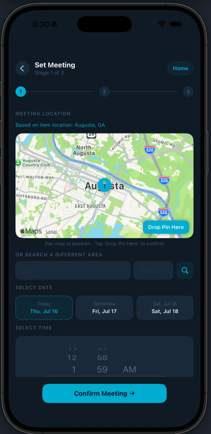 Set meeting location and time screen