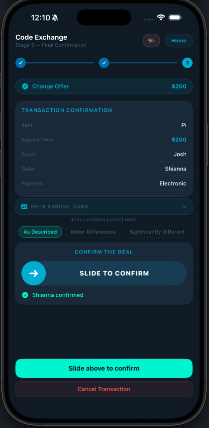 Slide-to-confirm meetup screen